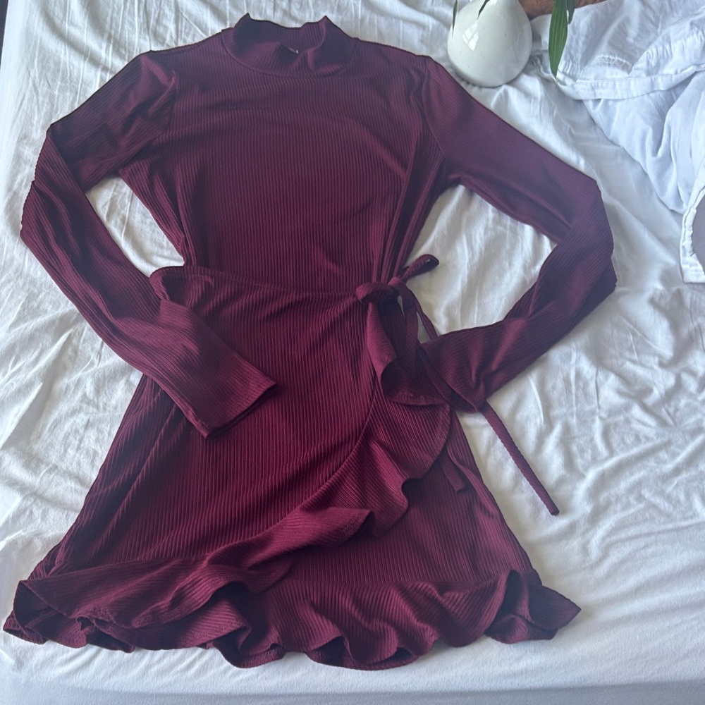 Blue Blush Long-Sleeve Wrap Dress in Burgundy 🖤